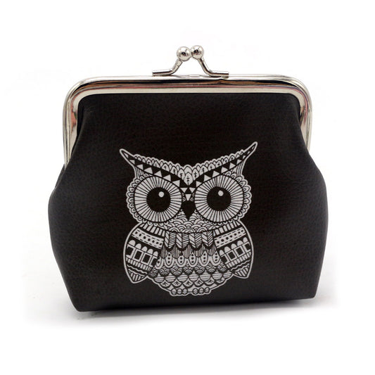 Black coin purse with silver clasp and white owl design, FashionRay trendy accessory