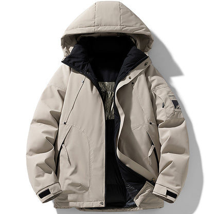 Beige hooded winter jacket with black inner lining, zipper pockets, and patch sleeve detail from FashionRay