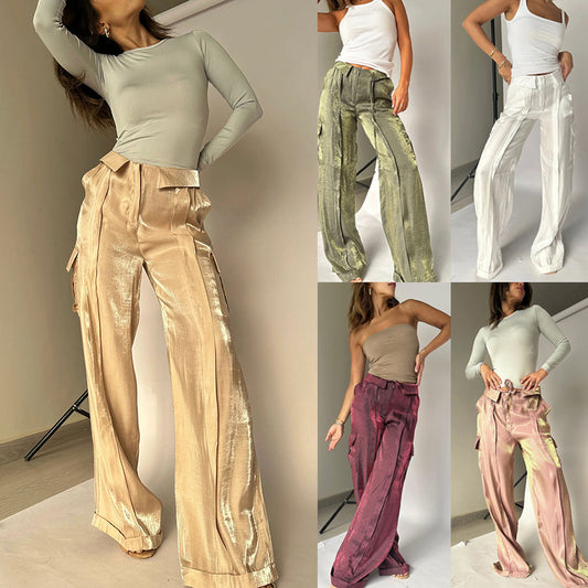 FashionRay women’s satin cargo pants in gold, green, white, pink, and red, styled with trendy tops