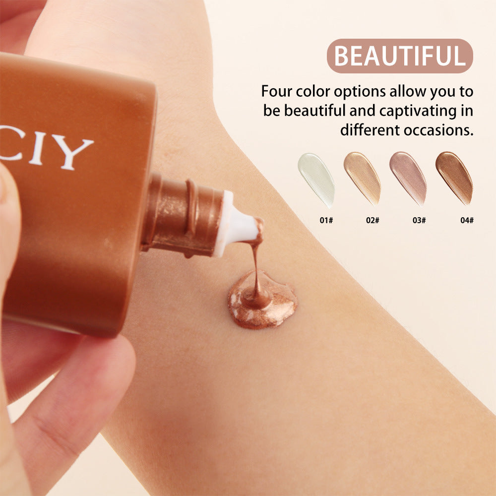 Applying shimmery makeup liquid from tube on arm with four color swatches, FashionRay beauty product