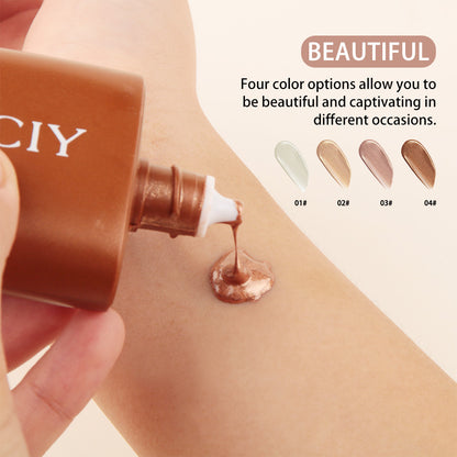 Applying shimmery makeup liquid from tube on arm with four color swatches, FashionRay beauty product