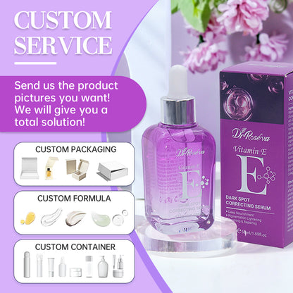 Custom skincare service banner with Dr. Roseva Vitamin E serum bottle, packaging, and formula options