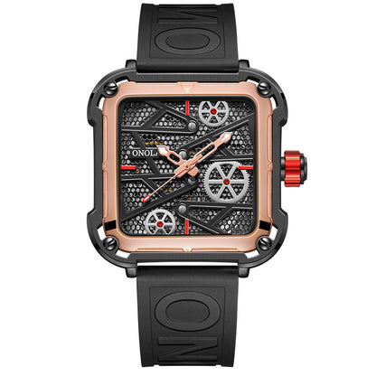 Square black and gold sport watch with gear accents and textured dial, FashionRay style