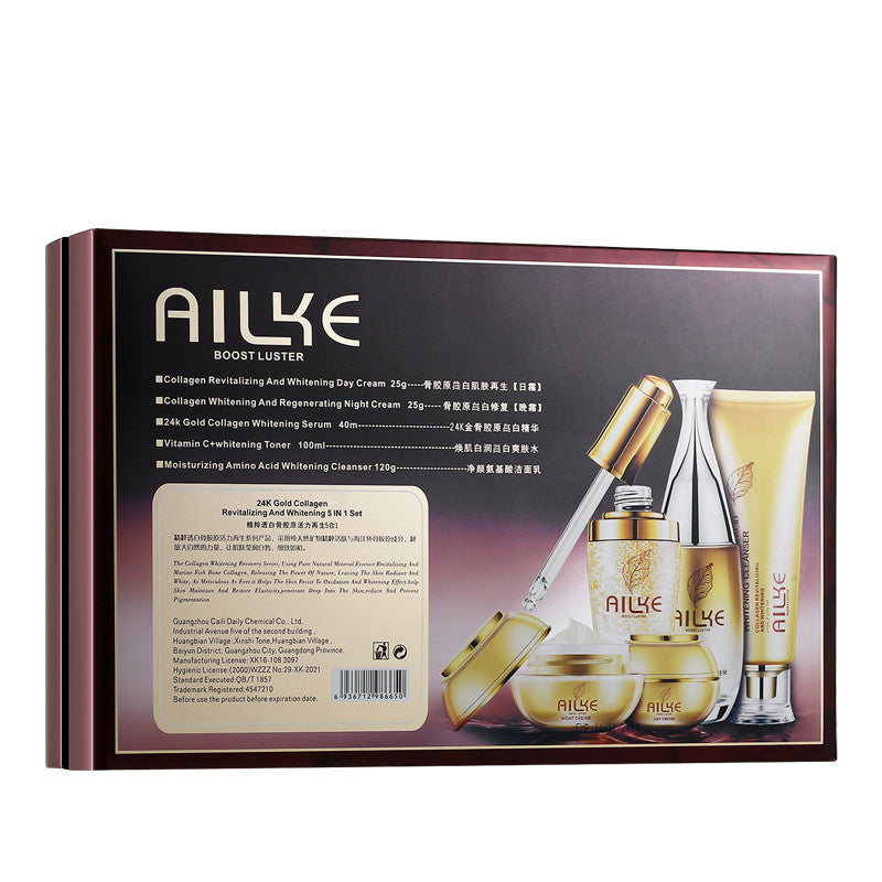 AILKE skincare set with creams, serum, cleanser, and toner in gold packaging, FashionRay beauty