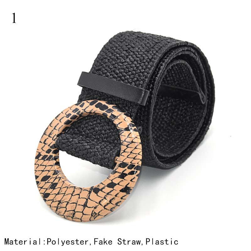 Black woven polyester belt with faux straw, round snake-print buckle, FashionRay accessory