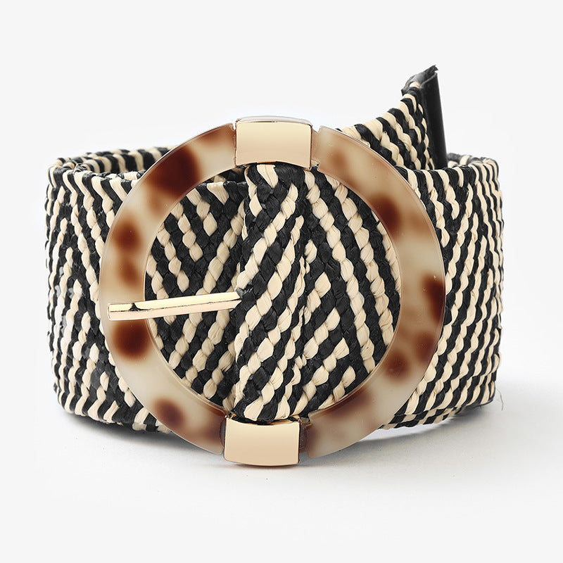 Black and beige woven belt with round tortoiseshell buckle, FashionRay accessories