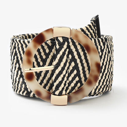 Black and beige woven belt with round tortoiseshell buckle, FashionRay accessories