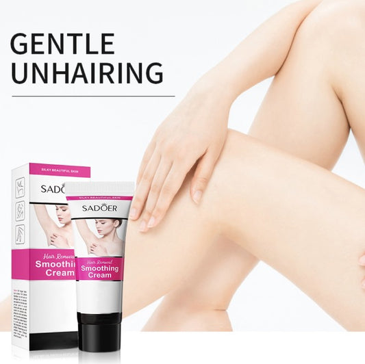 SADOER hair removal smoothing cream with box, smooth legs, and 'Gentle Unhairing' text