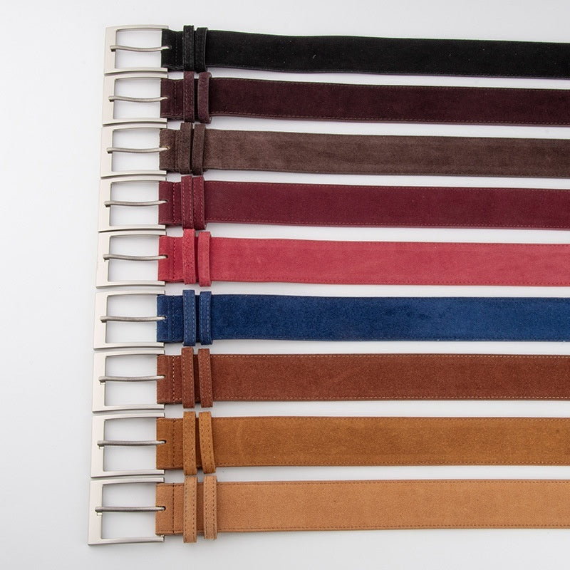 FashionRay suede belts in multiple colors with silver buckles, laid out on white background