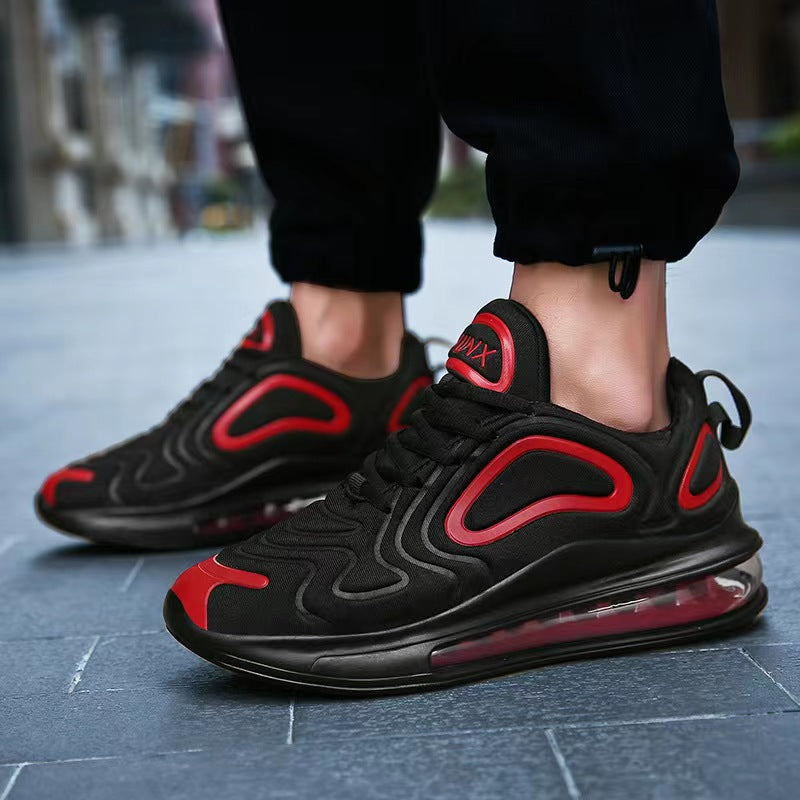 Black and red air-cushion sneakers, sporty street style footwear from FashionRay