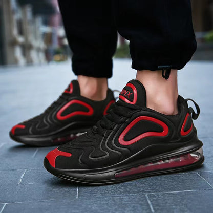 Black and red air-cushion sneakers, sporty street style footwear from FashionRay