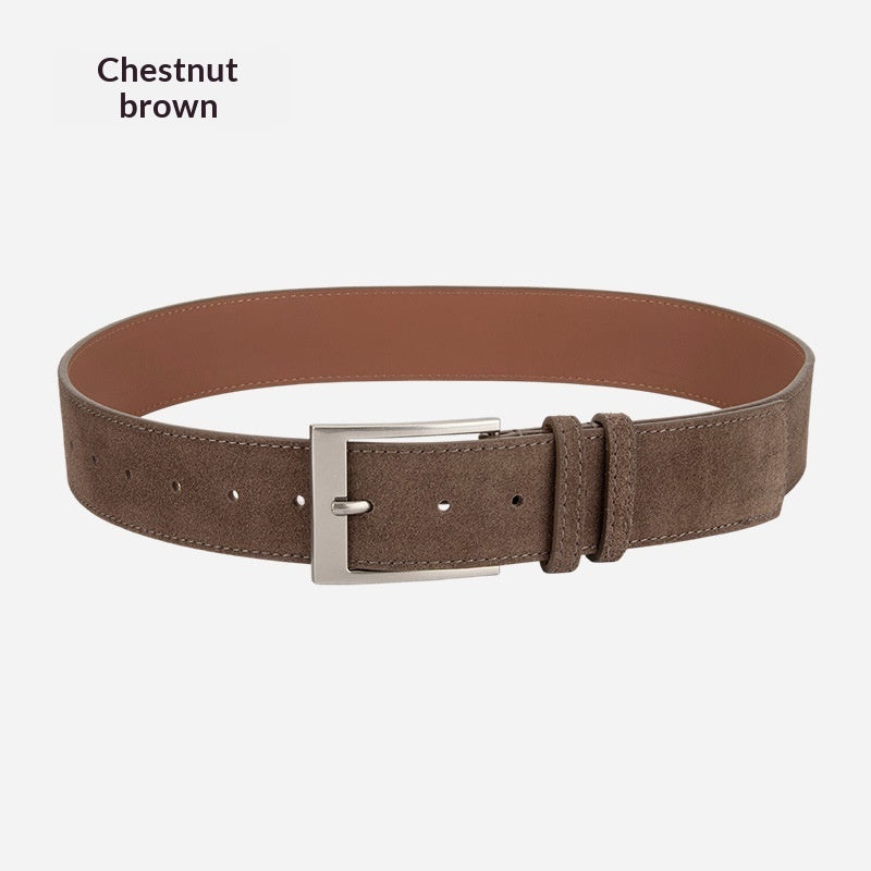 Chestnut brown suede belt with silver buckle, stylish accessory at FashionRay