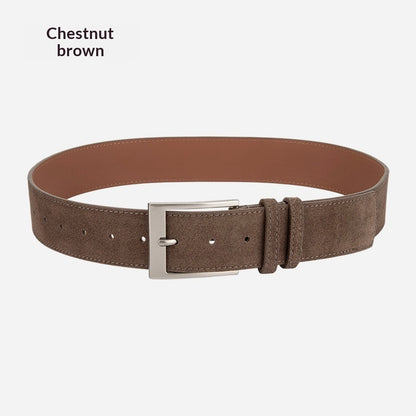 Chestnut brown suede belt with silver buckle, stylish accessory at FashionRay
