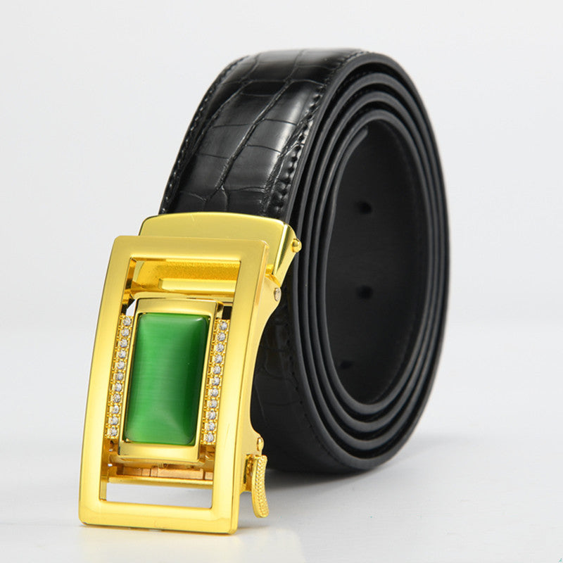 Black leather belt with gold buckle and green gemstone accent, FashionRay style accessory