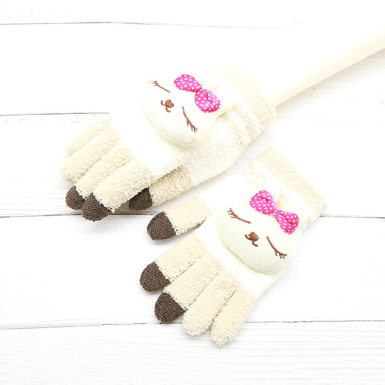 Cozy cream gloves with cute animal face and pink polka dot bow, FashionRay trendy accessories