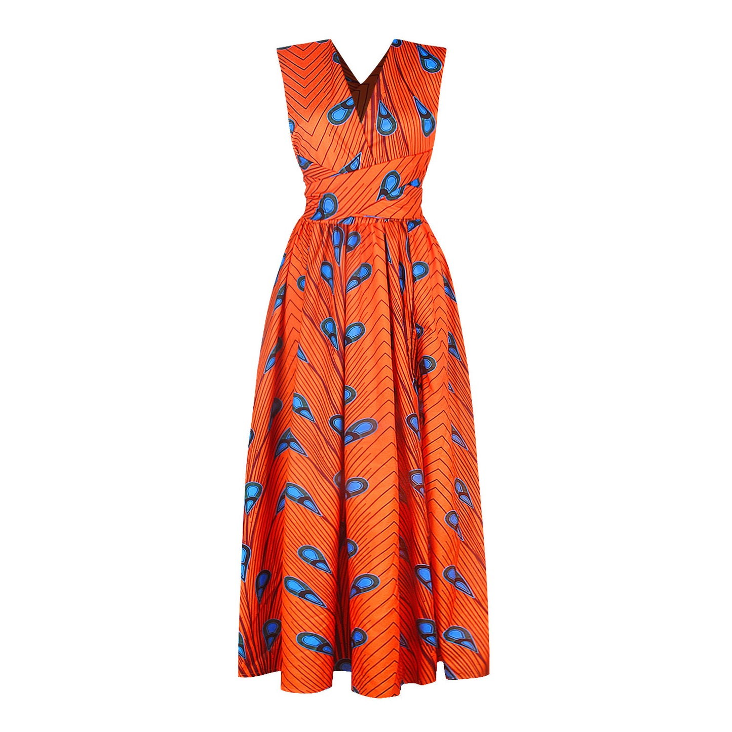 Orange sleeveless maxi dress with blue peacock feather print, FashionRay bold style