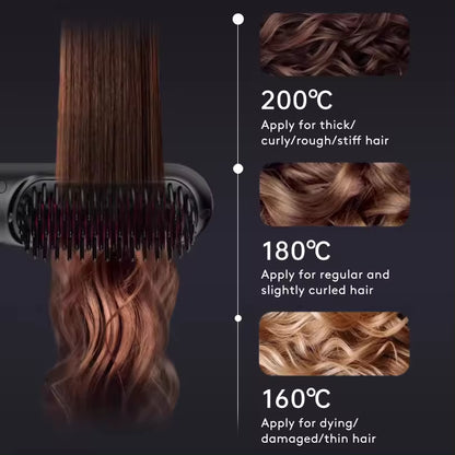 Hair straightener from FashionRay with heat settings for different hair types: 200°C for curly, 180°C for regular, 160°C for thin or damaged hair.
