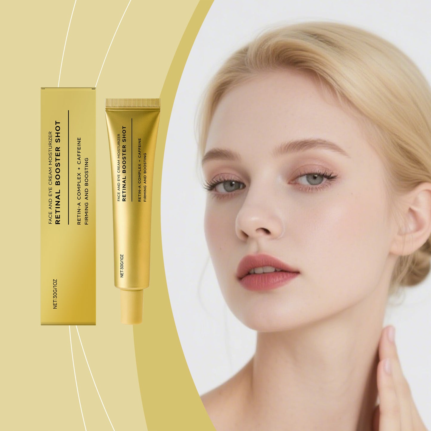 FashionRay Retinal Booster Shot face and eye cream with packaging and model showing smooth skin