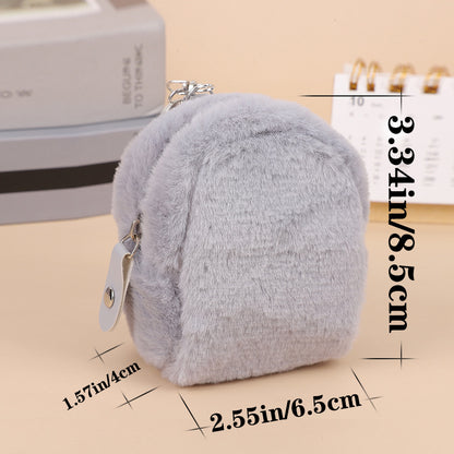 Gray plush mini pouch with keychain, soft fabric texture, fashion accessory, sized 8.5x6.5x4cm