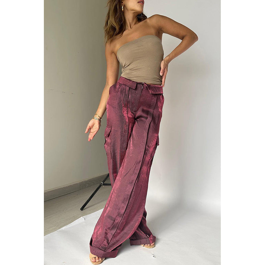 Woman modeling nude tube top and shiny magenta wide-leg pants, FashionRay chic style
