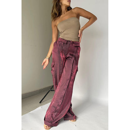 Woman modeling nude tube top and shiny magenta wide-leg pants, FashionRay chic style