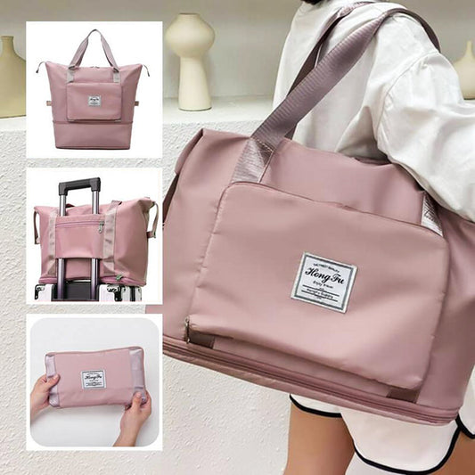 Pink travel tote bag with handles, shown worn, on luggage, and folded, FashionRay style