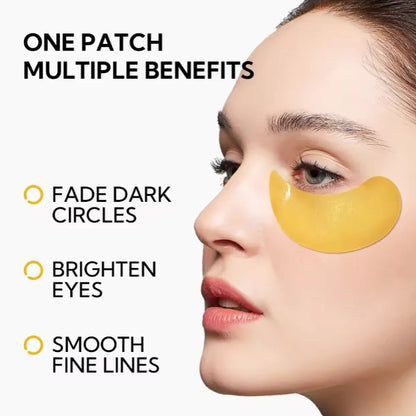 Woman wearing gold under eye patch for dark circles, brightening and anti-aging benefits, FashionRay