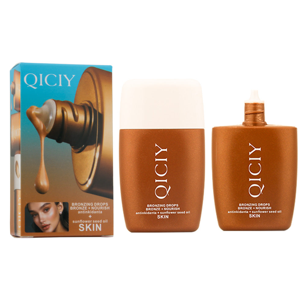 QICIY bronzing drops with sunflower seed oil, product packaging and bottles for glowing skin