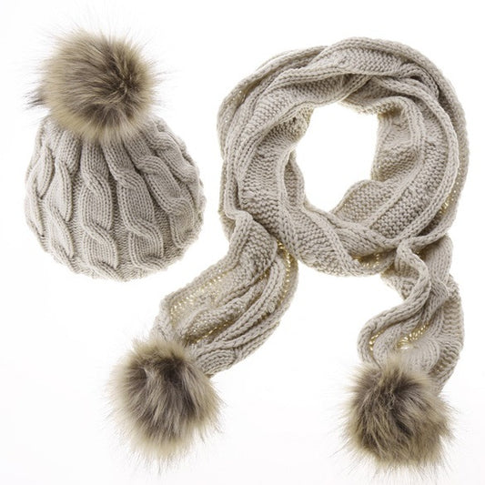 Beige cable knit hat and scarf set with faux fur pom-poms, FashionRay winter accessories