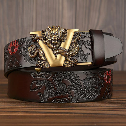 Brown leather belt with embossed dragon design and ornate gold dragon buckle, FashionRay style