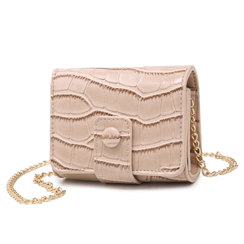 Beige faux crocodile leather crossbody bag with gold chain strap from FashionRay
