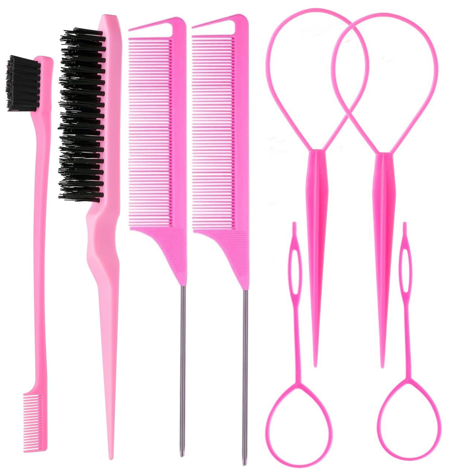 FashionRay pink hair styling tools set with combs, brushes, and loop tools on white background