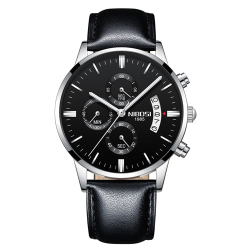 Men's black leather strap watch with silver case, NIBOSI brand, modern dial design – FashionRay
