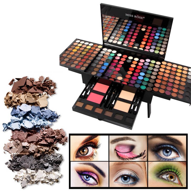 Colorful makeup palette with multiple eye shadow shades, blushes, brushes, and eye makeup looks, FashionRay beauty.