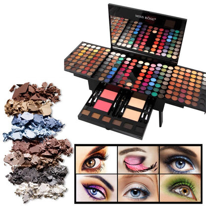 Colorful makeup palette with multiple eye shadow shades, blushes, brushes, and eye makeup looks, FashionRay beauty.