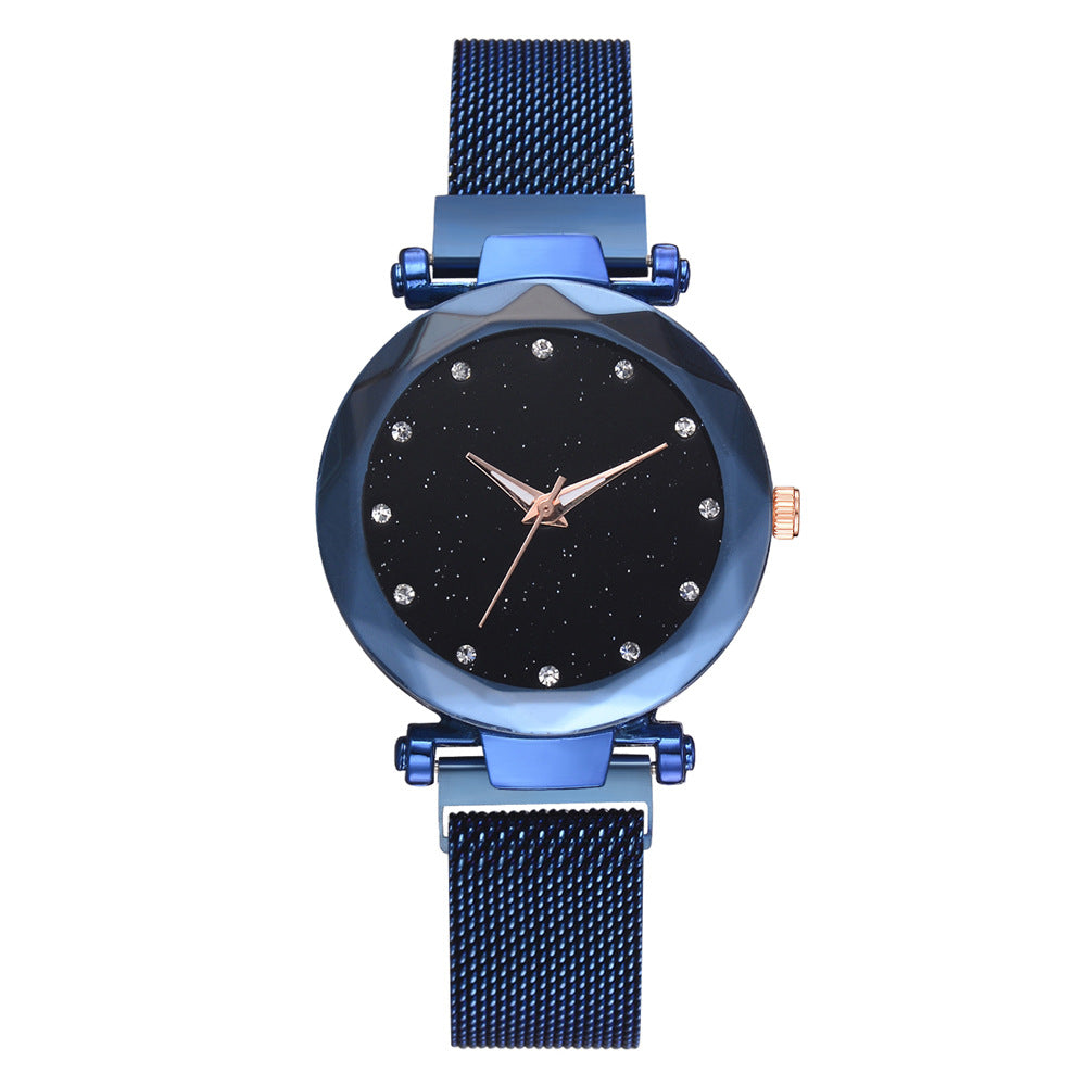Elegant blue mesh band women’s watch with starry black dial, FashionRay accessory