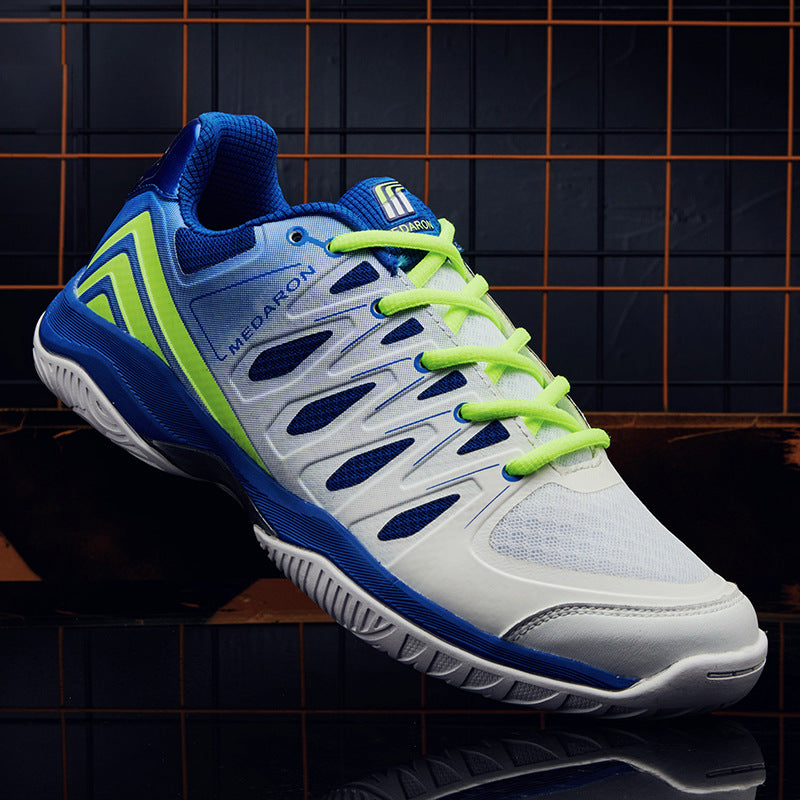 Blue and white athletic sneaker with neon green laces, displayed on a reflective surface