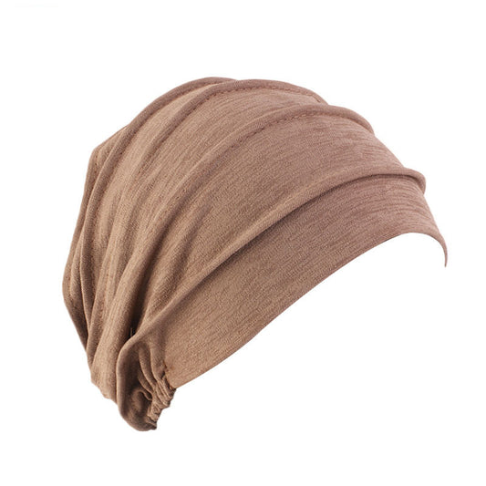 Light brown stretch jersey beanie, soft ruched turban style, FashionRay trendy headwear