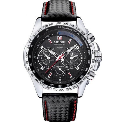 Men’s black MEGIR chronograph watch with tachymeter bezel and stitched leather strap