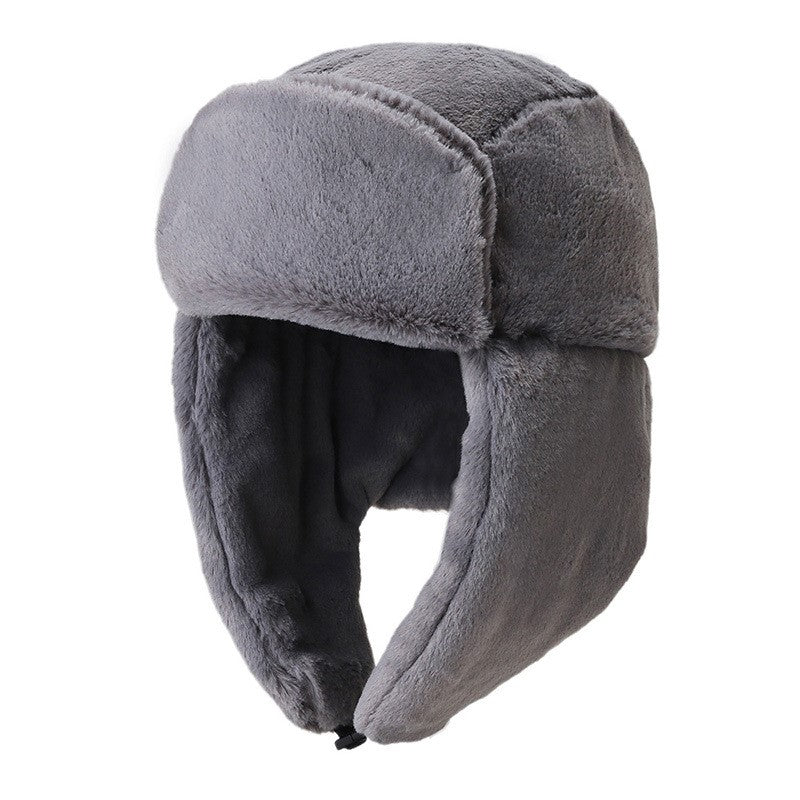 Gray faux fur winter trapper hat with ear flaps, cozy cold weather accessory from FashionRay