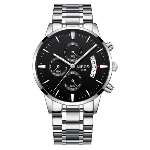 Men's silver stainless steel analog wristwatch with black dial and chronograph, FashionRay style