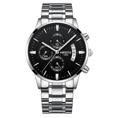 Men's silver stainless steel analog wristwatch with black dial and chronograph, FashionRay style
