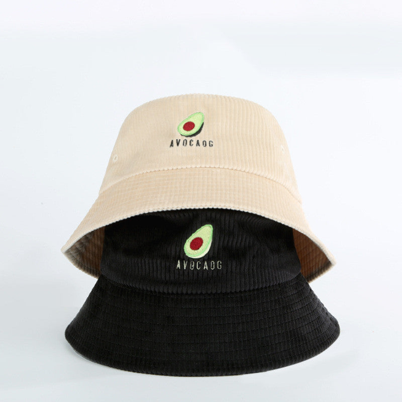 Corduroy bucket hats with avocado embroidery, beige and black, FashionRay trendy accessories.