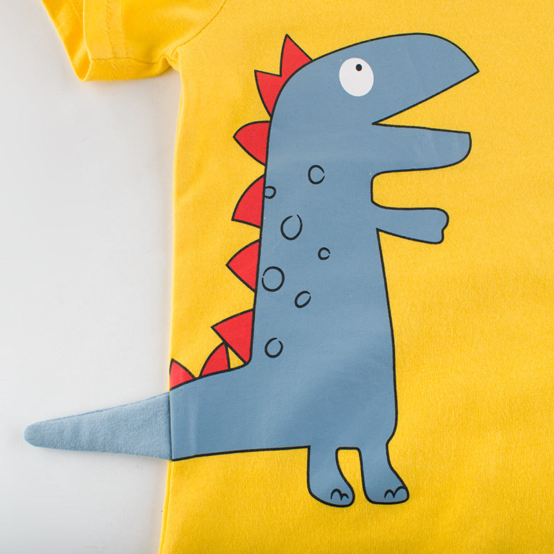 Yellow kids t-shirt with blue cartoon dinosaur print and red spikes, FashionRay trendy style