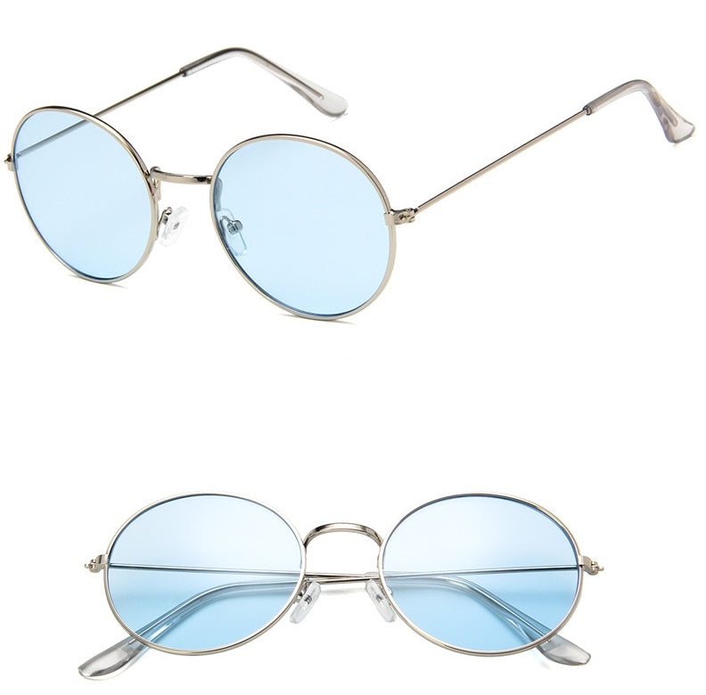 Round silver frame sunglasses with light blue lenses on white background, FashionRay style.
