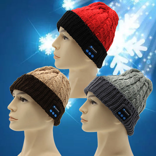 Three mannequins wearing FashionRay knit Bluetooth beanies in red, beige, and gray on a blue winter background.
