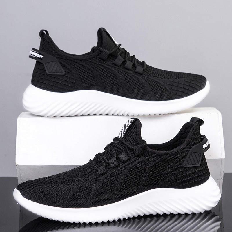 Black knit sneakers with white textured soles on display, FashionRay trendy comfortable shoes