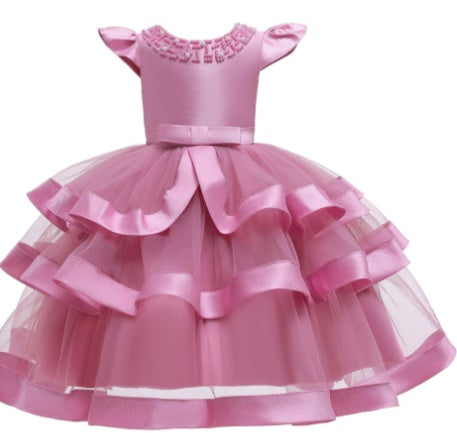 Pink layered tulle party dress for girls with ribbon accents, FashionRay trendy kidswear