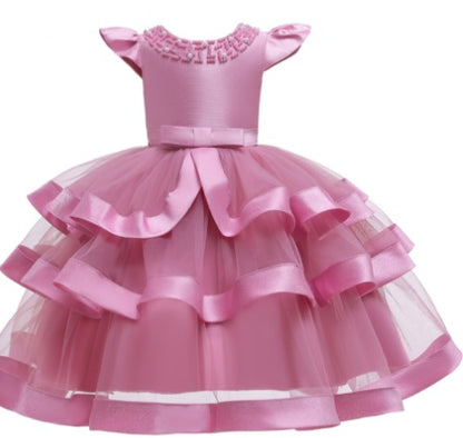 Pink layered tulle party dress for girls with ribbon accents, FashionRay trendy kidswear