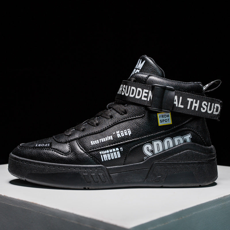 FashionRay black high-top sneaker with bold text details and sporty strap, modern streetwear